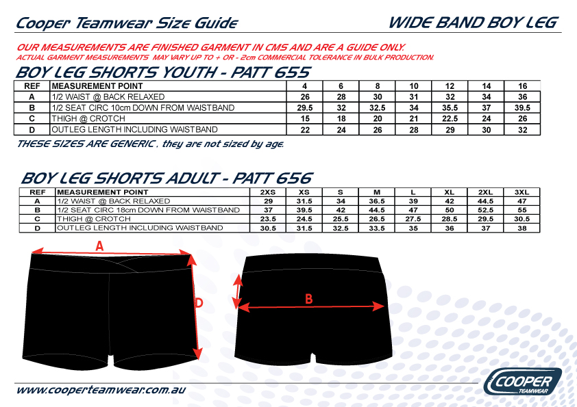 Cooper Teamwear Wide Band Boy Legs size chart